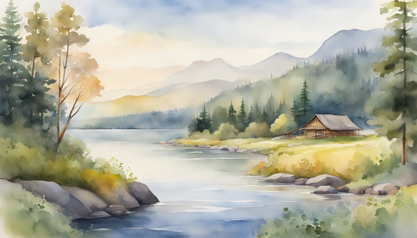 A serene landscape with a flowing river, lush forests, and a traditional First Nations settlement in the distance