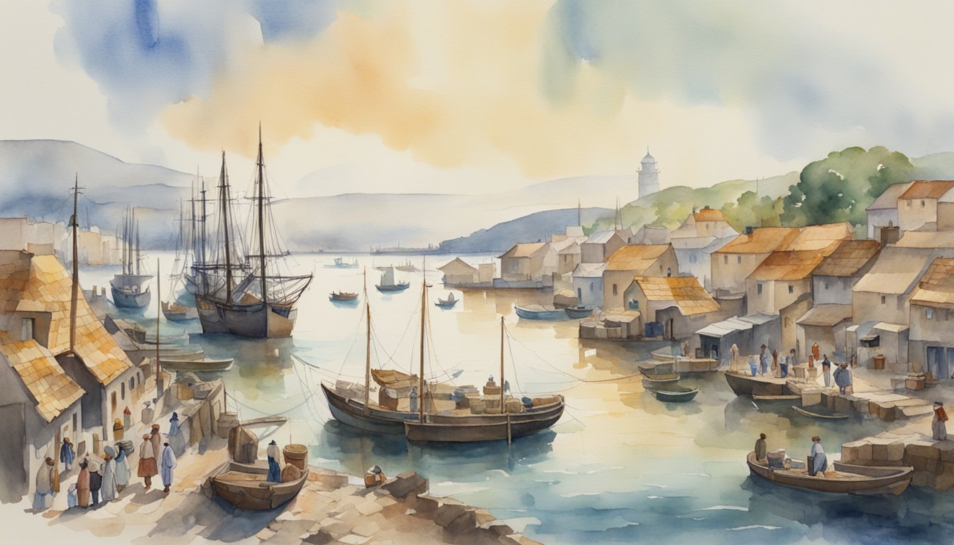 A bustling harbor with ships unloading goods, surrounded by small houses and farms, with people working and trading in the streets