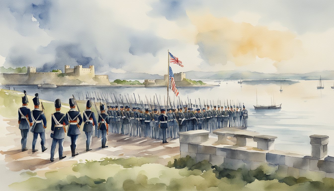 A historic fort overlooks the harbor, cannons facing the water. A line of uniformed soldiers stands at attention, flags waving in the wind