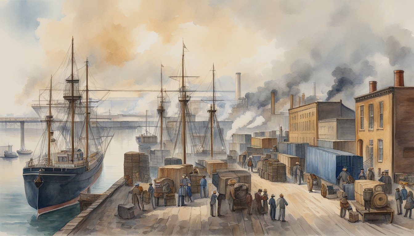 A bustling port with ships unloading goods, factories emitting smoke, and railroads transporting materials in 19th century Port Dover, Ontario