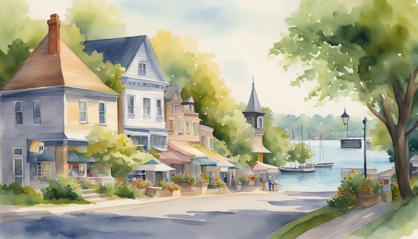 A quaint village surrounded by lush greenery and charming historic buildings, nestled along the serene waterfront of Port Dover, Ontario