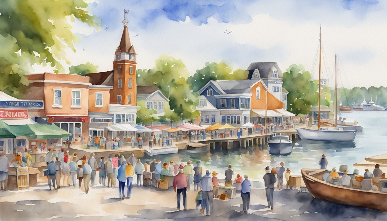 A bustling waterfront with historic buildings, boats, and tourists enjoying cultural events in Port Dover, Ontario