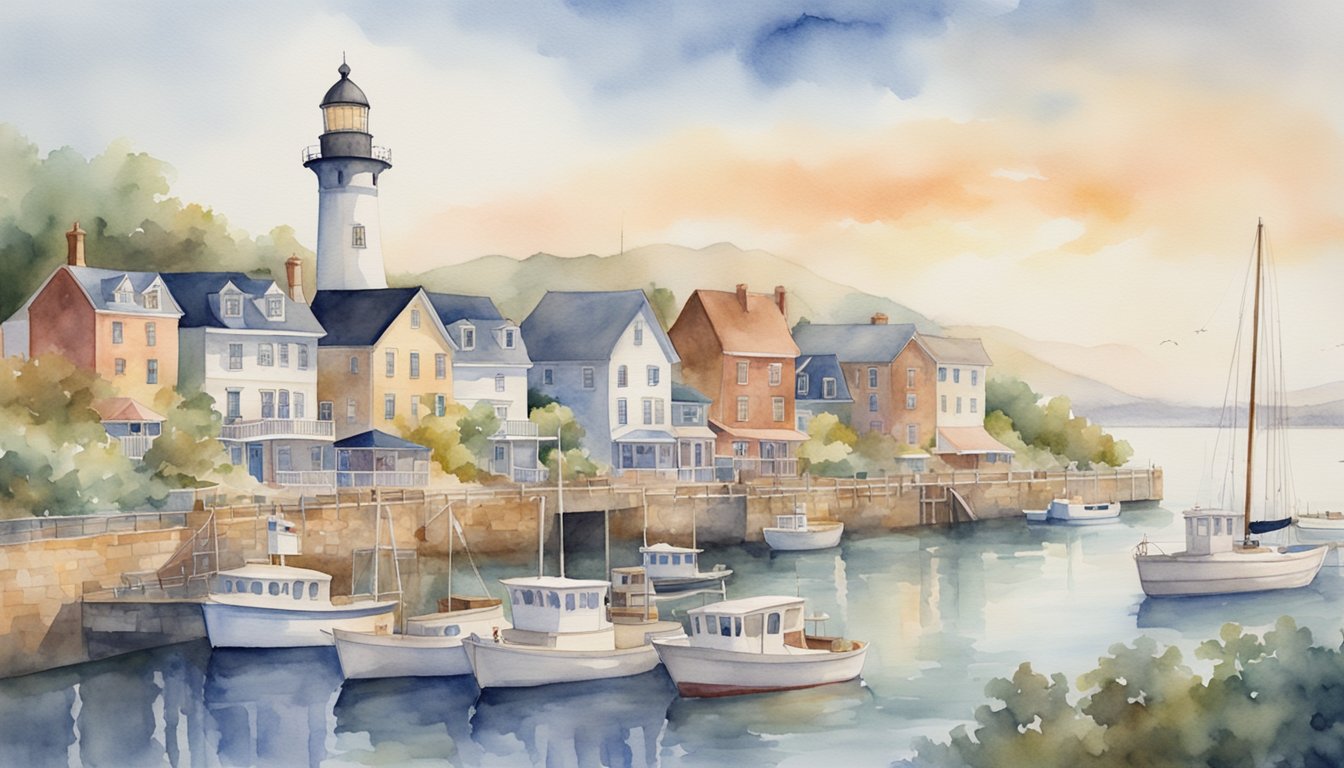 A quaint waterfront town with Victorian architecture, a lighthouse, and bustling harbor activity