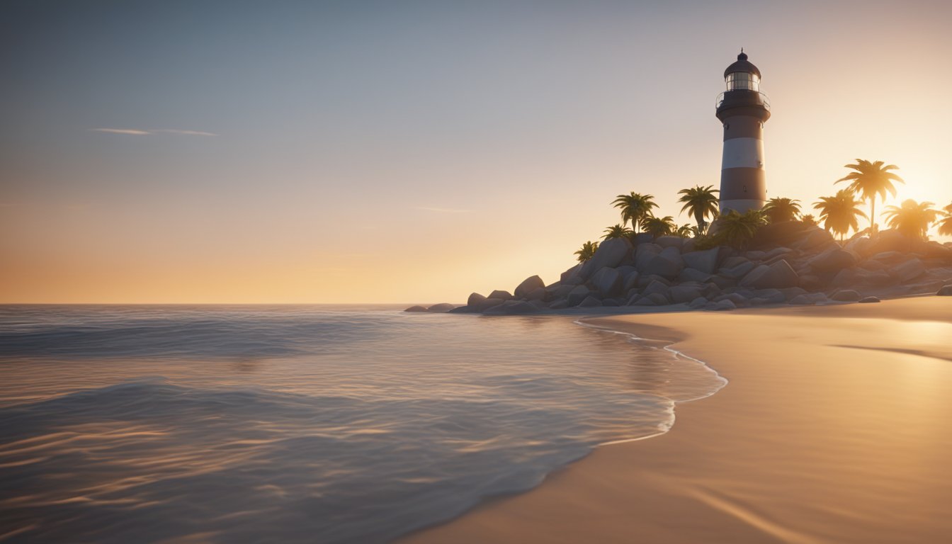 The sun sets over a tranquil shoreline, with gentle waves lapping against the sandy beach. A lighthouse stands tall in the distance, casting a warm glow over the picturesque scene