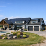Exterior view of a modern custom home with large windows and landscaping