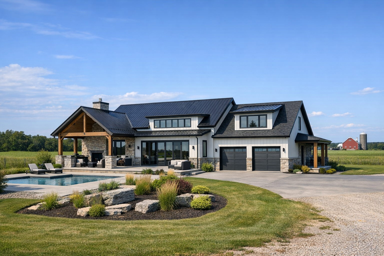 Exterior view of a modern custom home with large windows and landscaping