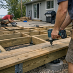 Close-up of deck construction work in Port Dover Ontario in 2026