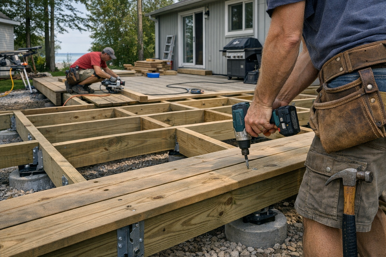 Close-up of deck construction work in Port Dover Ontario in 2026